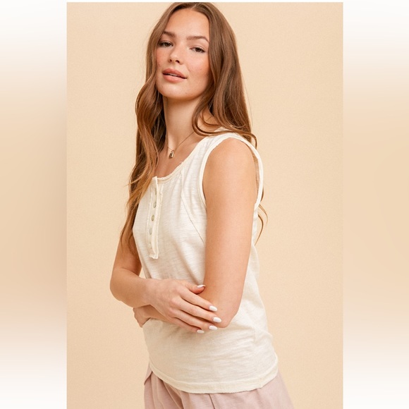 92. ❤️NEW HEM & THREAD Cotton Short Set Henley Tank & Shorts Cream 2 piece set - Picture 4 of 12